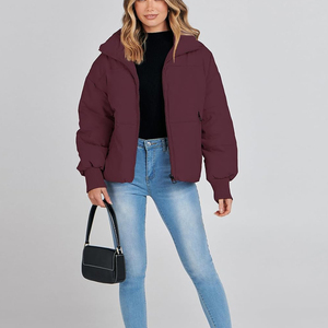 Women's Burgundy <b>Quilted</b> Puffer Jacket Stand Collar Full Sleeve Zipper Closure Winter Short Coat Solid Color <b>Thick</b> Polyester - Product Image 5