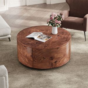 28.4\" Burl Wood 360 Degrees Rotating Top <b>Coffee</b> <b>Table</b> with 2 Drawers <b>Walnut</b> Finish - Product Image 4