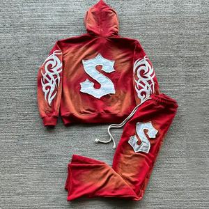 ผู้ชายวินเทจ Distressed Patch ปัก Sweatsuits Streetwear เบ่งเบาและชุดมีฮู้ด Sun Fade กรดล้างวอร์ม - Product Image 1