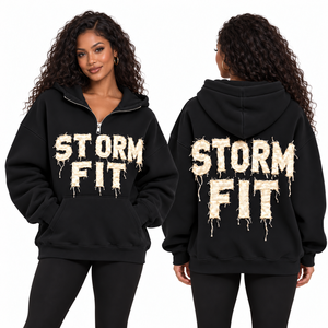 Sweat à capuche mi-zippé pour femme, bordeaux, coupe Storm Fit, avec appliqué lettres, épaules tombantes, poche kangourou, en polaire décontractée, style streetwear, coupe-vent - Product Image 2