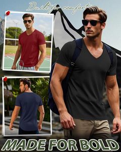 Camiseta de Cuello en V para Hombre, Algodón Premium, Manga Corta, Informal, Tejido Suave y Transpirable, Corte Ajustado, Moda de Verano, Básica para el Día a Día, Secado Rápido - Product Image 5