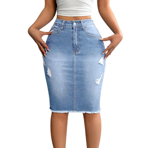 Women's Light Blue <b>Stretch</b> <b>Denim</b> Pencil Skirt High Waist Bodycon Knee Length Casual Regular Fit Vintage Distressed Breathable - Product Image 2