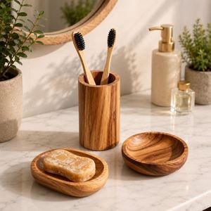 Ensemble de salle de bain en bois : porte-brosse à dents, porte-savon, plateau – Accessoires de comptoir minimalistes et écologiques - Product Image 3