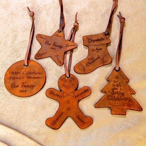 Custom Engraved Leather <b>Christmas</b> Ornaments Featuring Family Name & Festive Shapes With Leather Hanging Straps For Holiday Decor - Product Image 1