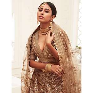 Excepcional Lehenga Choli Semi-Cosido de Seda Slub Bordada en Color Marrón para Bodas, 3000g/2500g por Zeel Clothing - Product Image 4