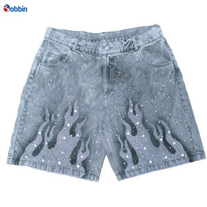 Pantalones Cortos de Mezclilla Vintage para Hombre, Estilo Hip Hop, Personalizados con Pedrería, Estampado por Pulverización, Pintados a Mano, Lavado Ácido, Largura hasta la Rodilla - Product Image 4