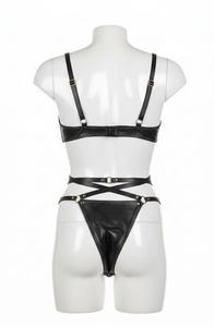 Black Leather Look Bra and G-String Set with Underwire Support and <b>Adjustable</b> <b>Straps</b> for Women - Product Image 4