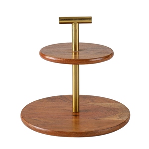 Support à gâteau à 2 niveaux en bois de manguier et métal, finition dorée, plateau de présentation pour cupcakes et desserts, support de service pour tea party, boîte cadeau ronde, nouveau design - Product Image 2