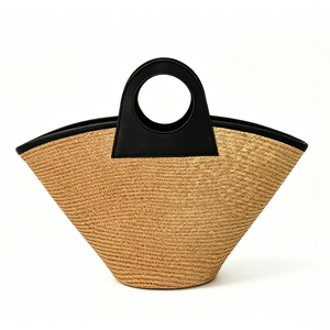 Customized Cream white ring handle straw tote <b>bag</b>,black faux‑leather contrast trim woven handbag,fan‑shaped straw <b>basket</b> shopper - Product Image 6