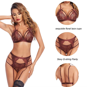 Ensemble de lingerie sexy en dentelle pour femmes, soutien-gorge sans armatures respirant et culotte assortie, sous-vêtements floraux doux et confortables pour femmes, fabricant OEM - Product Image 3