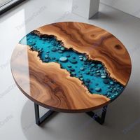 Table basse moderne en bois massif et résine époxy, avec bord naturel, finition bleue