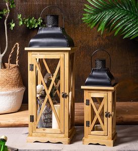 <b>Large</b> Rustic Wooden Lantern <b>Candle</b> Holder with Metal Top Farmhouse Decorative Hanging Lantern for Indoor Outdoor Decor - Product Image 4