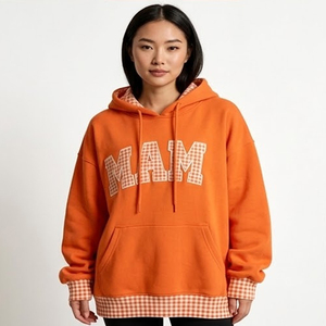 Sudadera con capucha MAM personalizada al por mayor para mujer, con ribete de guinga, patchwork a cuadros, estilo oversize, de forro polar grueso - Product Image 3