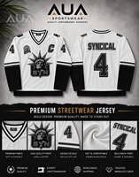 Jersey Hoki Lengan Panjang Pria Syn Putih Hitam dengan Trim Kontras V-Neck Gaya Sporty Logo Cetak di Bagian Depan