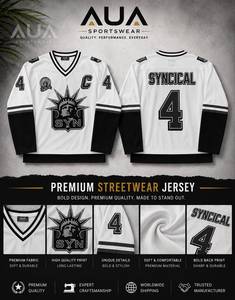 เสื้อฮอกกี้แขนยาวผู้ชาย Syn สีขาวดำ แต่งขอบตัดกัน คอวี สไตล์สปอร์ต พิมพ์ลายโลโก้ด้านหน้า - Product Image 3