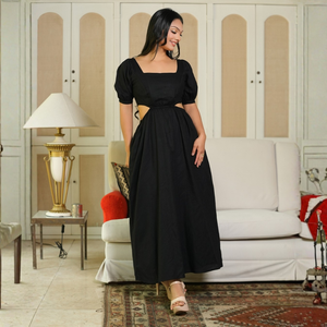 Elegante vestido maxi de lino con corte en la cintura para mujer - Product Image 4