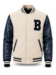 Chaqueta Varsity Unisex Beige con Mangas de Cuero Azul Marino, Letra B Bordada en el Frente, Cuello Camisero, Corte Regular, Diseño de Parches Invernal - Product Image 1