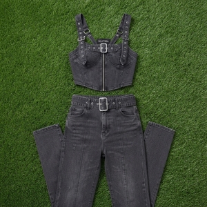 Women <b>Black</b> Denim Two Piece Set <b>Cropped</b> Overall Style <b>Top</b> High Waist Skinny Jeans Streetwear Fashion Outfit - Product Image 6