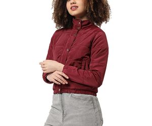 Women's Burgundy <b>Quilted</b> Jacket Stand Collar Full Sleeve Solid Color Autumn Wear Short Length Button Closure - Product Image 1