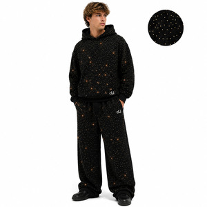 Conjuntos de Sudadera con Capucha Oversize Negra Personalizada con Pedrería Brillante y Pantalones Anchos de Felpa de Algodón Pesado Estilo Y2K Bling Fashion - Product Image 1