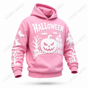 Sweat-shirt à capuche rose Halloween avec imprimé en relief Citrouille, Fantôme, Chauve-souris, en molleton de coton oversize, unisexe, décontracté, pour l'automne, OEM - Product Image 2
