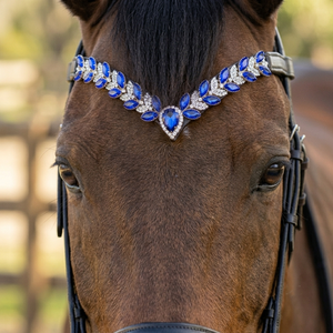Brida de caballo de lujo personalizada de cuero azul zafiro con cristales en forma de V, marquesa, hoja y lágrima, cosida a mano con costuras de alta resistencia - Product Image 5
