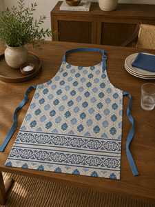 Tablier en lin de qualité supérieure |   Tablier en lin à imprimé floral bleu avec bordure décorative |   Tablier de cuisine et de pâtisserie réglable - Product Image 3