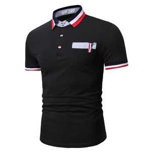 Polo à manches courtes pour homme, noir, à blocs de couleur, rayures rouges et blanches, tricoté, coupe décontractée - Product Image 6
