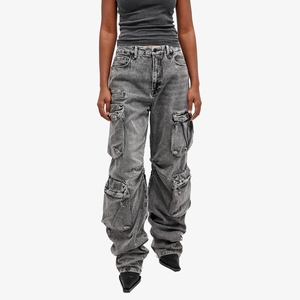 Jeans de Mezclilla Cargo de Cintura Alta para Mujer Talla Grande, Lavado a la Piedra, Largos, con Bolsillos, Estilo Casual, Corte Regular, de Algodón - Product Image 4