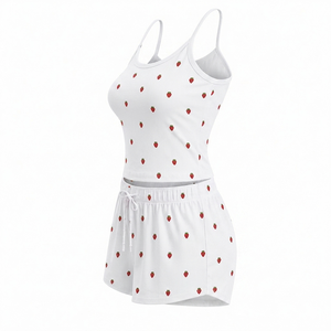 Ensemble pyjama deux pièces pour femme, imprimé fraises, 100% polyester, décontracté, été, short et haut, respirant, tricoté, vêtements de maison - Product Image 2
