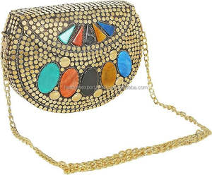 Bohemian Luxury Half Moon Clutch Chain Strap Stone Pattern Women's Casual Birthday Wedding Evening Parties Velvet Lining Brass - Product Image 1