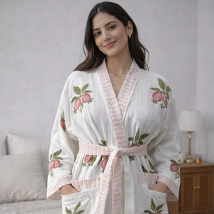 Precio al por mayor: Albornoz de algodón con estampado de bloques lindo para niños; Algodón gofrado con estampado de bloques a mano al por mayor para mujer - Product Image 1