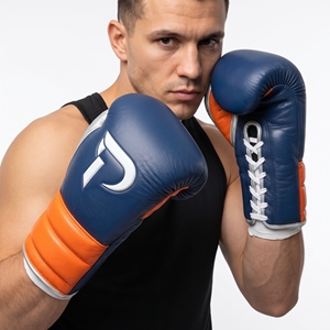 Dumela Leather Boxing <b>Gloves</b> 16 Oz Blue Orange <b>Silver</b> with Logo Design Training Gear - Product Image 2