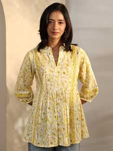 Túnica Larga Amarilla con Estampado Botánico para Mujer, Kurti Peplum Color Marfil con Ribete de Encaje Decorativo para Compradores de Moda Global (Venta al Por Mayor) - Product Image 1