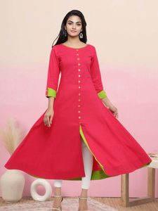 Kurta Anarkali de Algodón Rosa para Mujer, con Cuello Redondo y Mangas Tres Cuartos, Diseñada para Uso Casual Étnico Global - Product Image 5