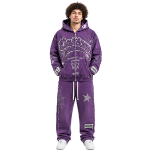 Sweat à capuche zippé personnalisé avec broderie toile d'araignée et clous violets pour homme, en molleton épais, avec motifs graphiques, style streetwear - Product Image 3