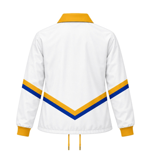 เสื้อแจ็คเก็ตวาร์ซิตี้สีขาวสำหรับผู้หญิง ปกสีทอง ตัวอักษรกรีกสีน้ำเงิน กระดุมแป๊ก แขนยาว ลายทาง เสื้อคลุมลำลองสไตล์วิทยาลัย - Product Image 3