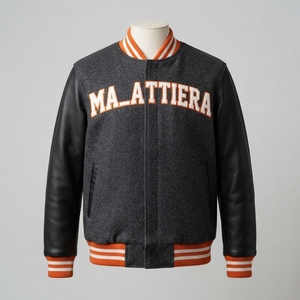 Blouson Bomber Homme en Laine Anthracite avec Manches en Cuir, Col Côtelé Rayé Orange, Broderie Personnalisée, Vêtement d'extérieur Premium - Product Image 1