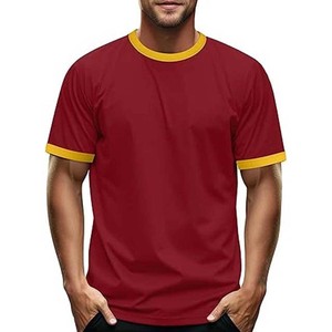 Camiseta de Hombre Color Granate con Cuello Redondo y Ribete en Contraste, Corte Regular, Estilo Casual, Tejido de Punto, Color Sólido - Product Image 1