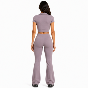 Wholesale OEM Custom Short Sleeve Zip Up Collared Top <b>Flared</b> <b>Leggings</b> Two Piece Women's Activewear Tracksuit <b>Gym</b> Yoga Suit Set - Product Image 3