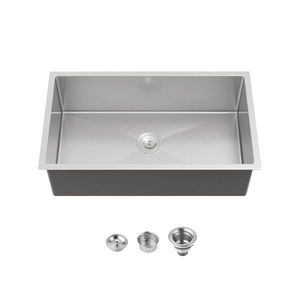 Lavello da cucina a incasso singolo 33x19 pollici, fatto a mano, in nichel spazzolato, con scarico standard USA, per ville e laboratori - Product Image 1