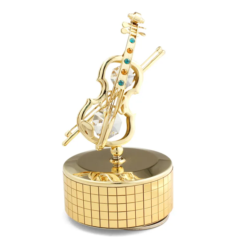 Crystocraft 24k Gold Plated Metal Craft Figurine Collectible Rotating Violin Music Box Student Gift with Brilliant Cut Crystals