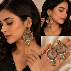 Boucles d'oreilles Jhumka rondes en laiton oxydé bicolore, serti clos, style bohème, plaqué or et argent antique, cadeau de fête pour femme - Product Image 3