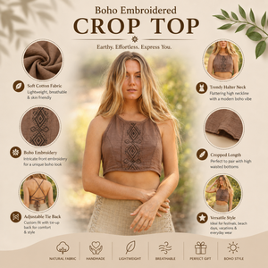 Crop top brodé |   Haut sans manches en coton style bohème à col halter pour femme – Idéal pour l'été, les festivals, la plage, les vacances, ou comme haut décontracté tendance hippie - Product Image 2