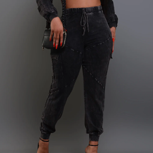 Ensemble haut court à capuche en tricot noir pour femme et pantalon de jogging taille haute, manches longues, style décontracté, couleur unie, respirant, toutes saisons - Product Image 4