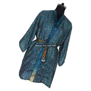 KS010 Hermoso Kimono Sari Vintage, Túnica Corta, Estampado Floral de Verano, Estilo Bohemio, Manga Larga, para Vacaciones - Product Image 4