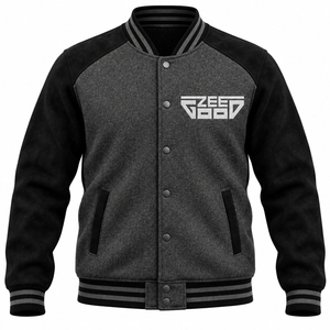 Chaqueta Varsity para Hombre Zee Good, Gris y Negro con Estampado de Letras, Informal, Otoñal, Corte Regular, Cierre de un Solo Botón, Poliéster y Algodón - Product Image 1