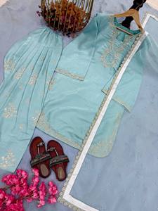 Ensemble Salwar Gown Premium Mal Chandari brodé réversible avec Dupatta en Soie FENDY, à manches longues, motif Kali, coupe évasée, pour soirée - Product Image 6