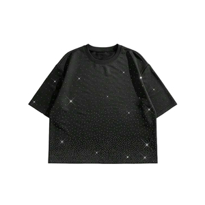 เสื้อยืดสีดำโอเวอร์ไซส์สำหรับผู้ชาย พิมพ์ลายจุดกลิตเตอร์ แขนสั้น คอกลม เสื้อถักลำลอง - Product Image 2