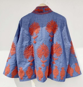 Breathable 100% Velvet Suzani Embroidered Floral Printed Jacket <b>Covered</b> <b>Button</b> Closure Full Sleeve for Women's Spring Autumn - Product Image 2